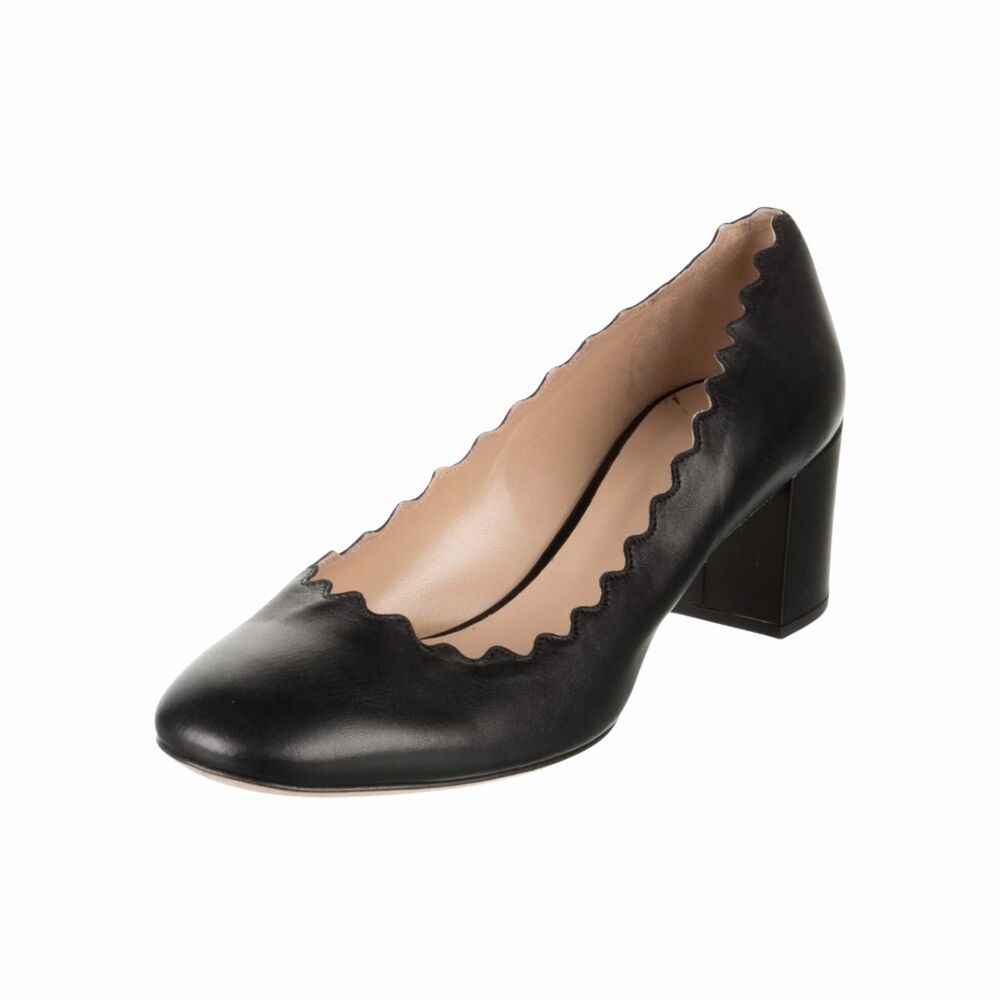 Chloe Womens Heels Black Lauren Scallop Leather Block Heel Italian Pumps 34 US 4